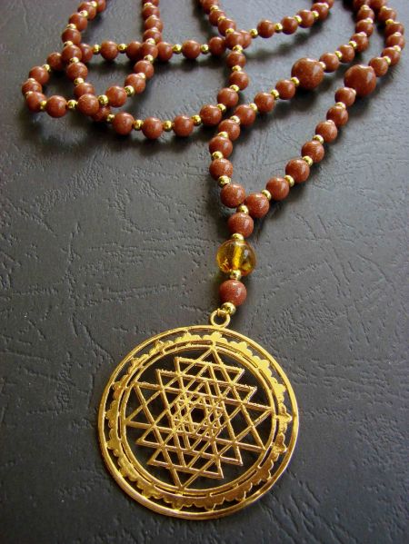 Goldstone, Amber and Shree Yantra Pendant, Necklace